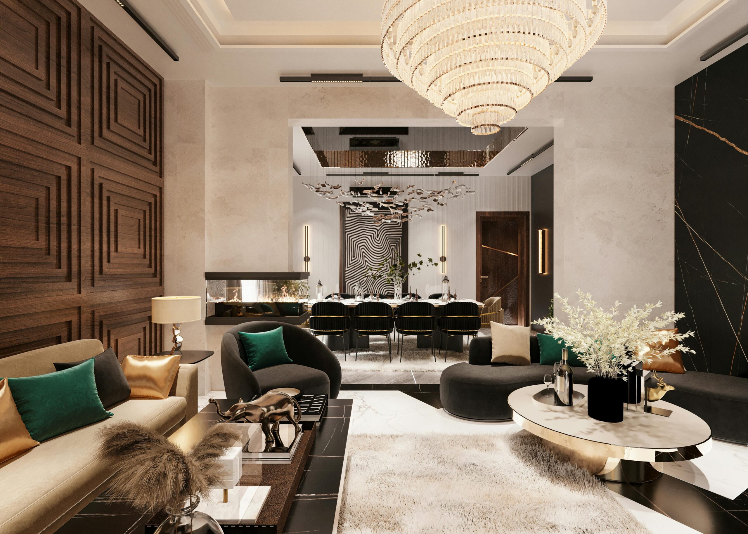 Elegant modern living room with chandelier, stylish furniture, and decor.